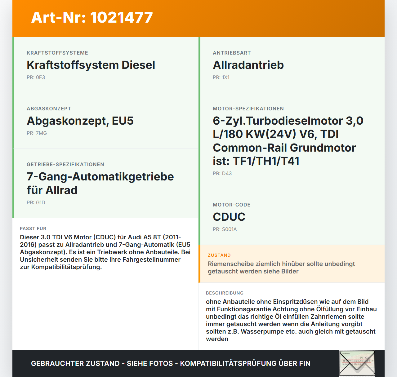 Audi A5 8T 11-16 TDI 3,0  CDUC Motor Audi A5 8T 11-16 04.04.2013 059100099G gebraucht Vorschau 3