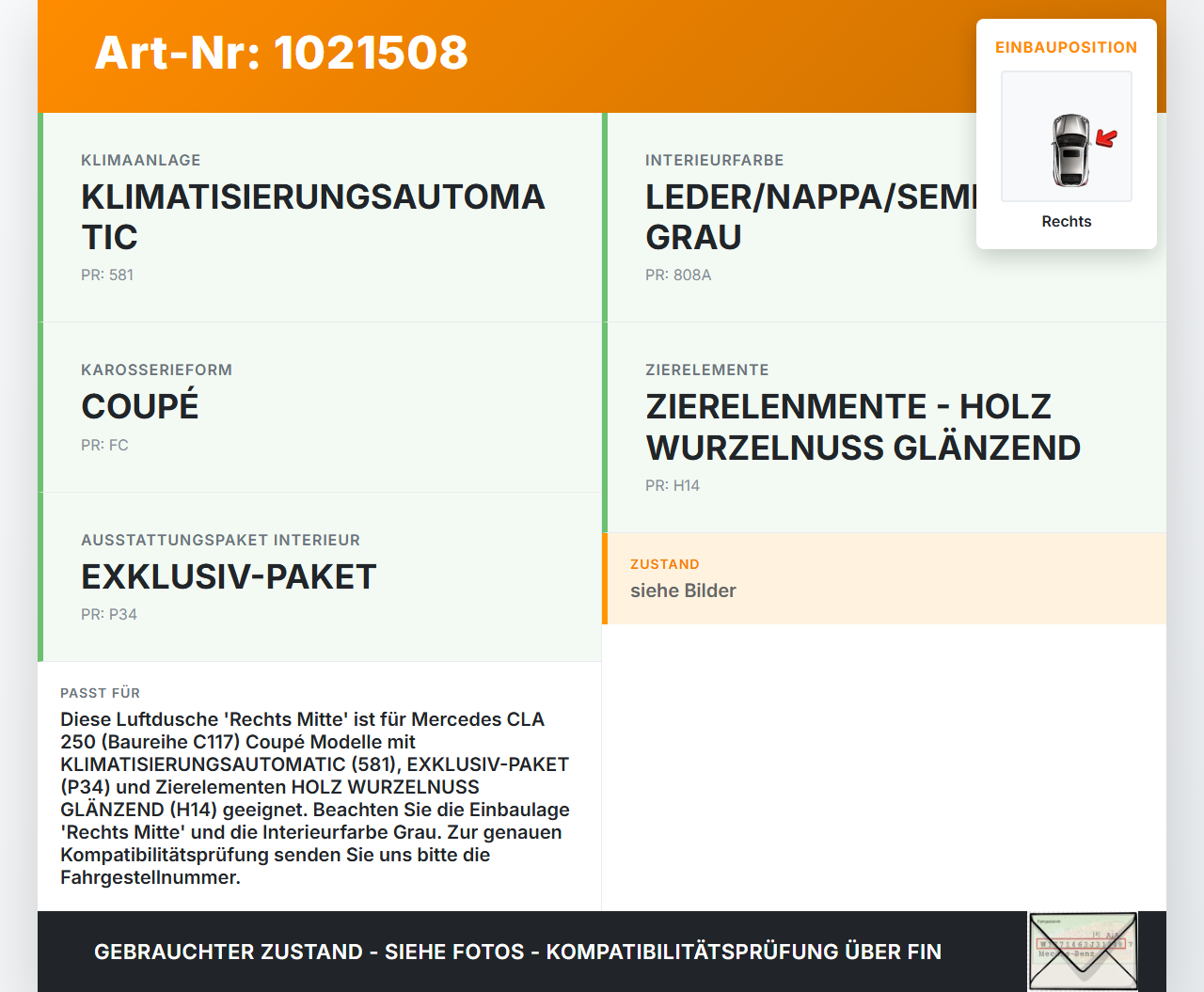 Mercedes CLA 250 C117 13-16 2,0i 125KW Luftdusche Rechts Mitte Mercedes CLA 250 C117 13-16 24.06.2014 A1178300554... Vorschau 3