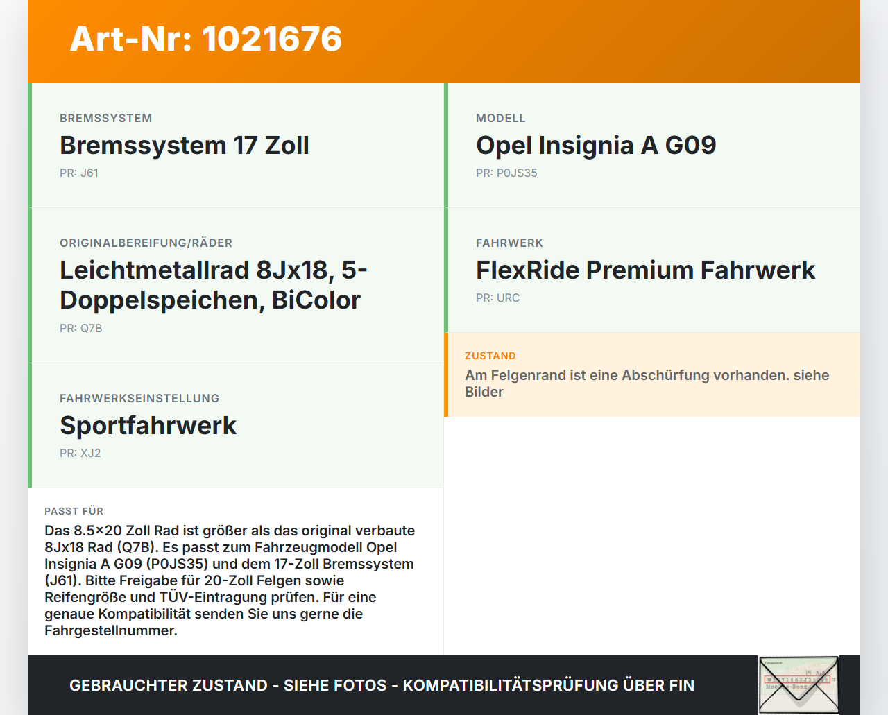 Opel Insignia A G09 09-13 1x Felge Alufelge 5X120 8.5X20Zoll ET41 Opel Insignia A G09 09-13 05.10.2012 32026039... Vorschau 3