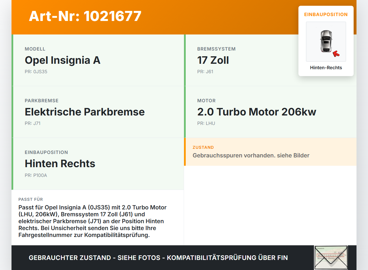 Opel Insignia A G09 09-13 2,0T 162KW Bremssattel Bremszange Hinten Rechts Opel Insignia A G09 09-13 05.10.2012 gebraucht Vorschau 3