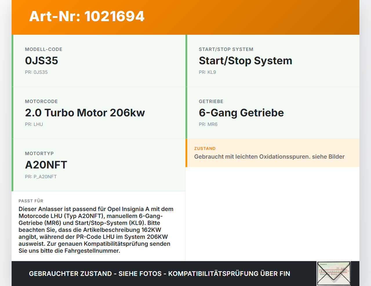 Opel Insignia A G09 09-13 2,0T 162KW Anlasser Starter Opel Insignia A G09 09-13 05.10.2012 12644406 M001T80981 gebraucht Vorschau 3
