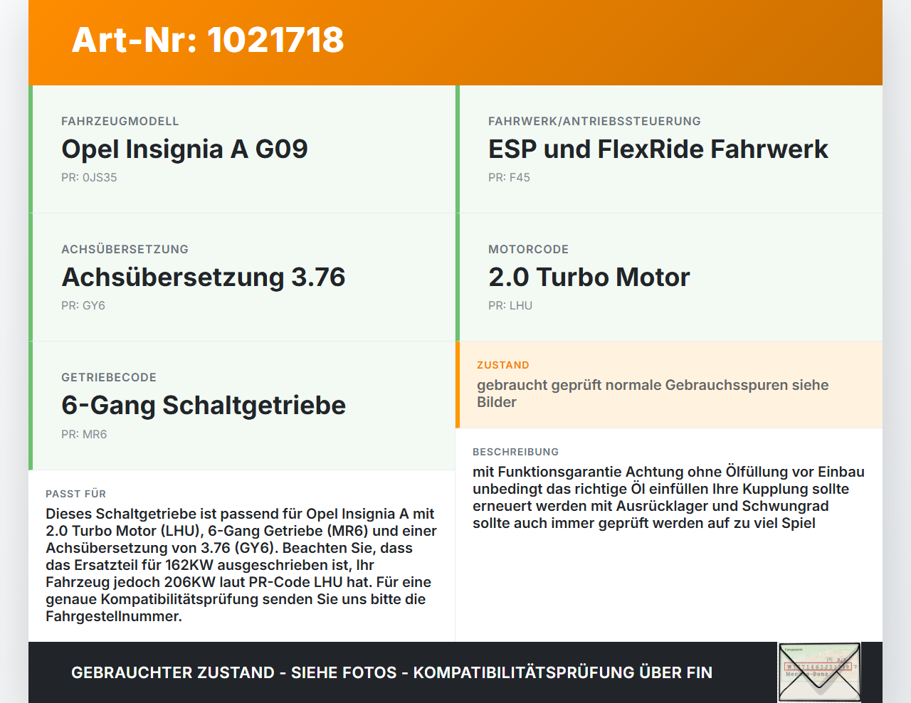Opel Insignia A G09 09-13 2,0T 162KW MR6 Schaltgetriebe Getriebe MR6 F40 3,76 AJ3 Opel Insignia A G09 09-13... Vorschau 3