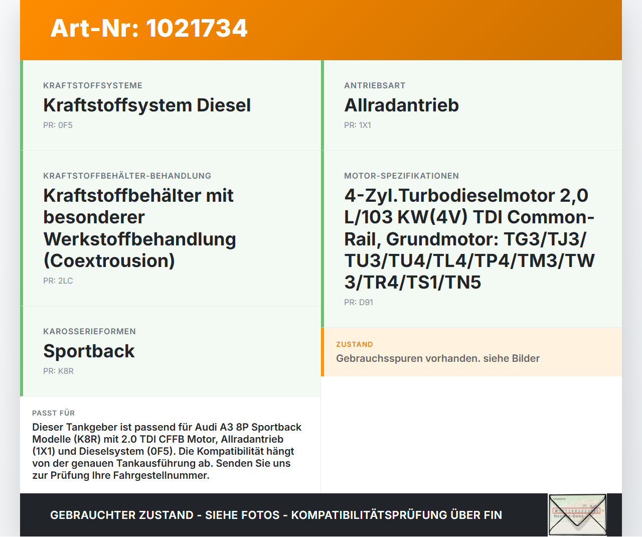Audi A3 8P QU 10-12 2,0 77KW Tankgeber Tankeinheit Audi A3 8P QU 10-12 31.01.2011 A2C53124679 1K0919673AK gebraucht Vorschau 3