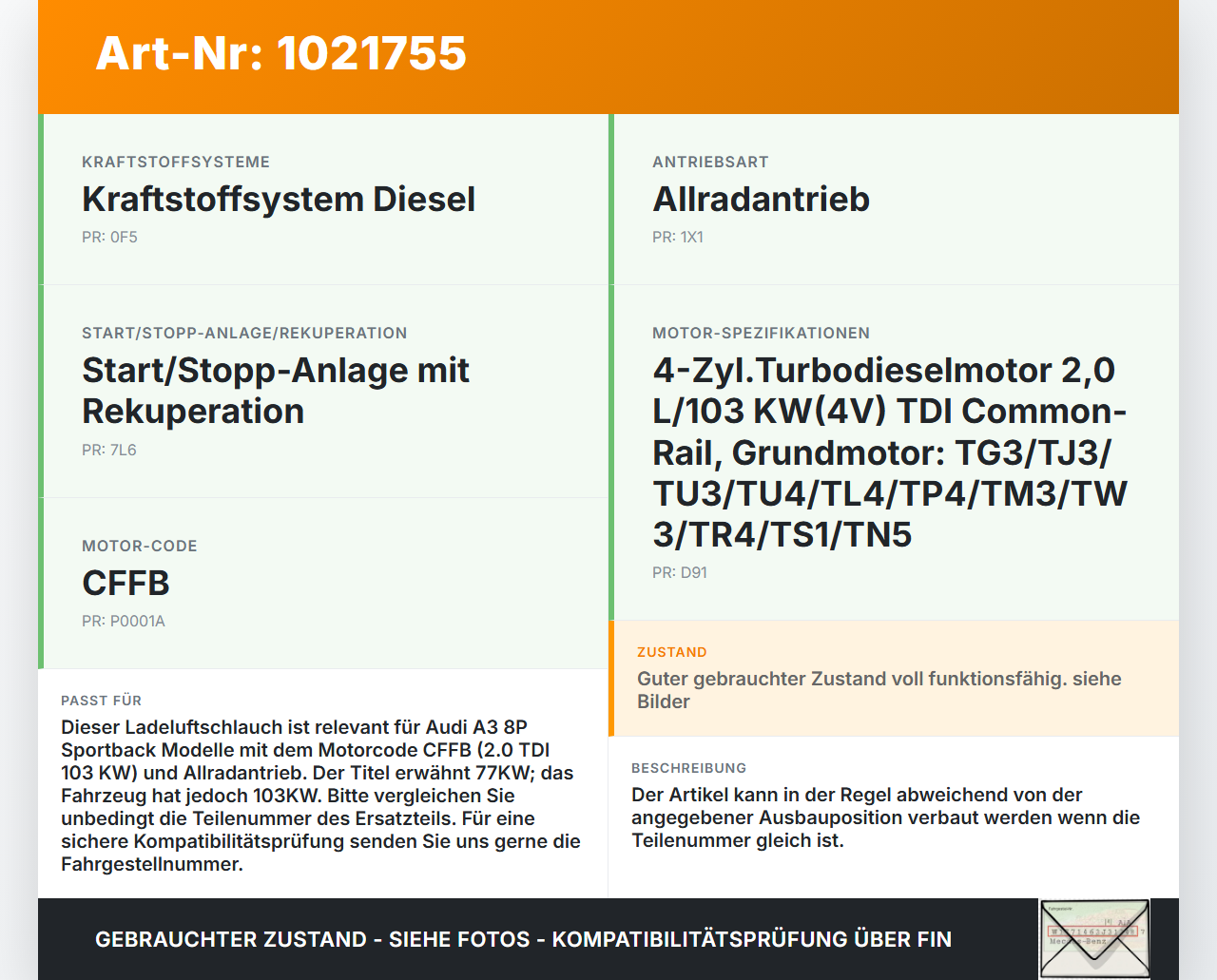 Audi A3 8P QU 10-12 2,0 77KW Ansaugrohr Ladeluftschlauch Luftschlauch Pos.1 Audi A3 8P QU 10-12 31.01.2011 gebraucht Vorschau 3
