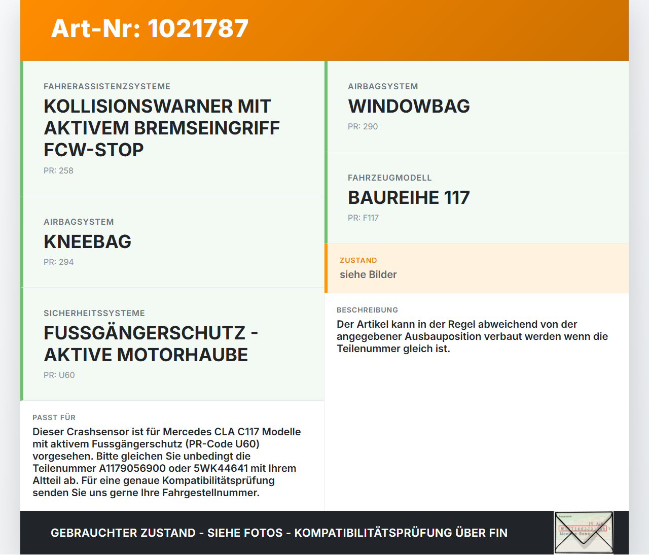 Mercedes CLA 250 C117 13-16 Sensor für Airbag Crashsensor Airbagsensor für Passantenschutz Pos.1 Mercedes CLA 250... Vorschau 3