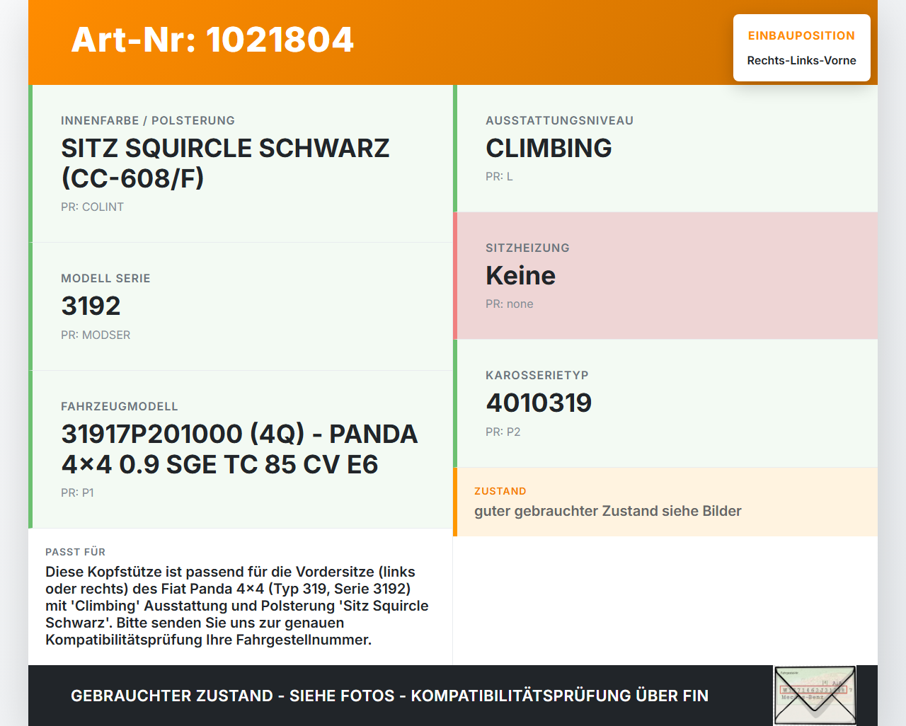 Fiat Panda 4x4 319 12-22 Kopfstütze für Fahrer Sitz Rechts oder Links Vorne Fiat Panda 4x4 319 12-22 22.01.2018... Vorschau 3