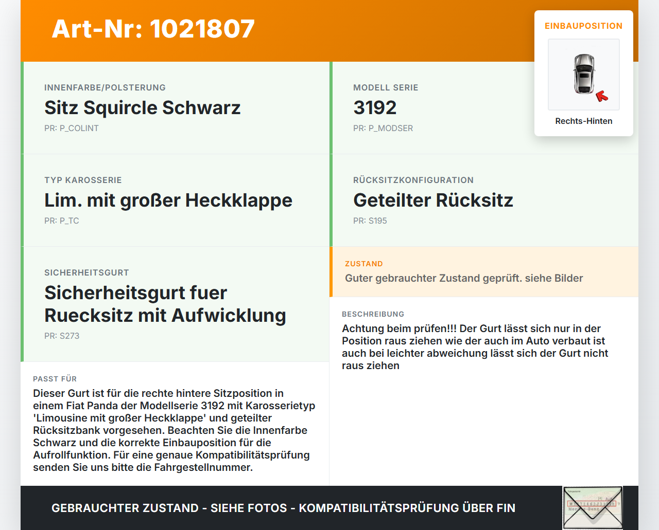 Fiat Panda 4x4 319 12-22 Gurt Sicherheitsgurt Rechts Hinten Fiat Panda 4x4 319 12-22 22.01.2018 619814200 gebraucht Vorschau 3