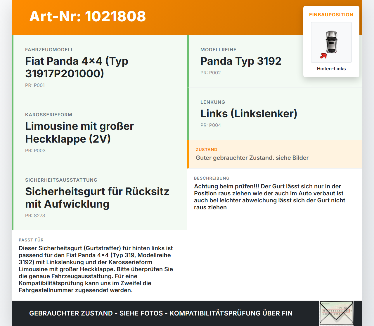 Fiat Panda 4x4 319 12-22 Sicherheitsgurt Gurt Gurtstraffer Hinten Links Fiat Panda 4x4 319 12-22 22.01.2018... Vorschau 3