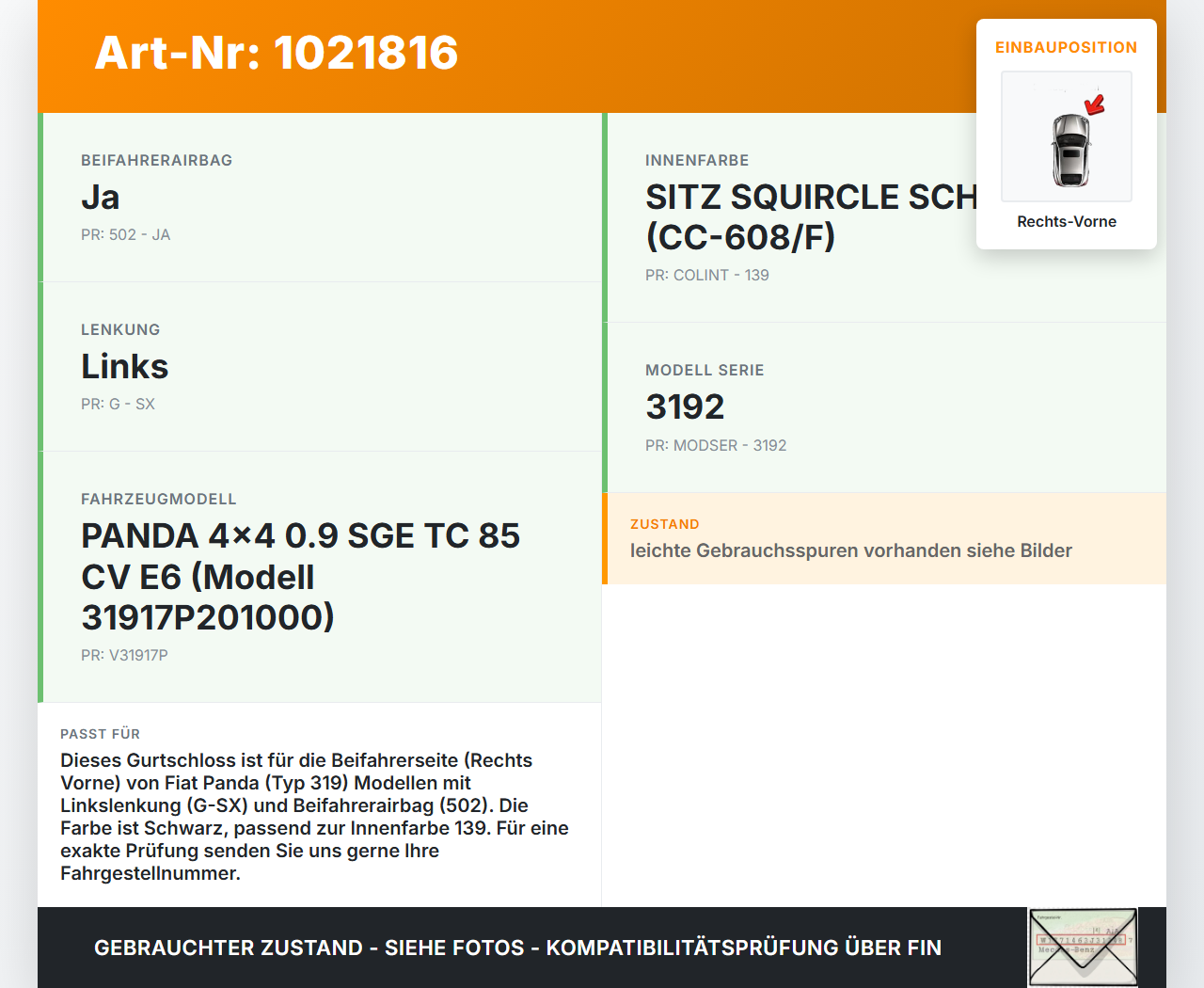 Fiat Panda 4x4 319 12-22 Gurtschloss Rechts Vorne Fiat Panda 4x4 319 12-22 22.01.2018 34112053E 735580851 gebraucht Vorschau 3