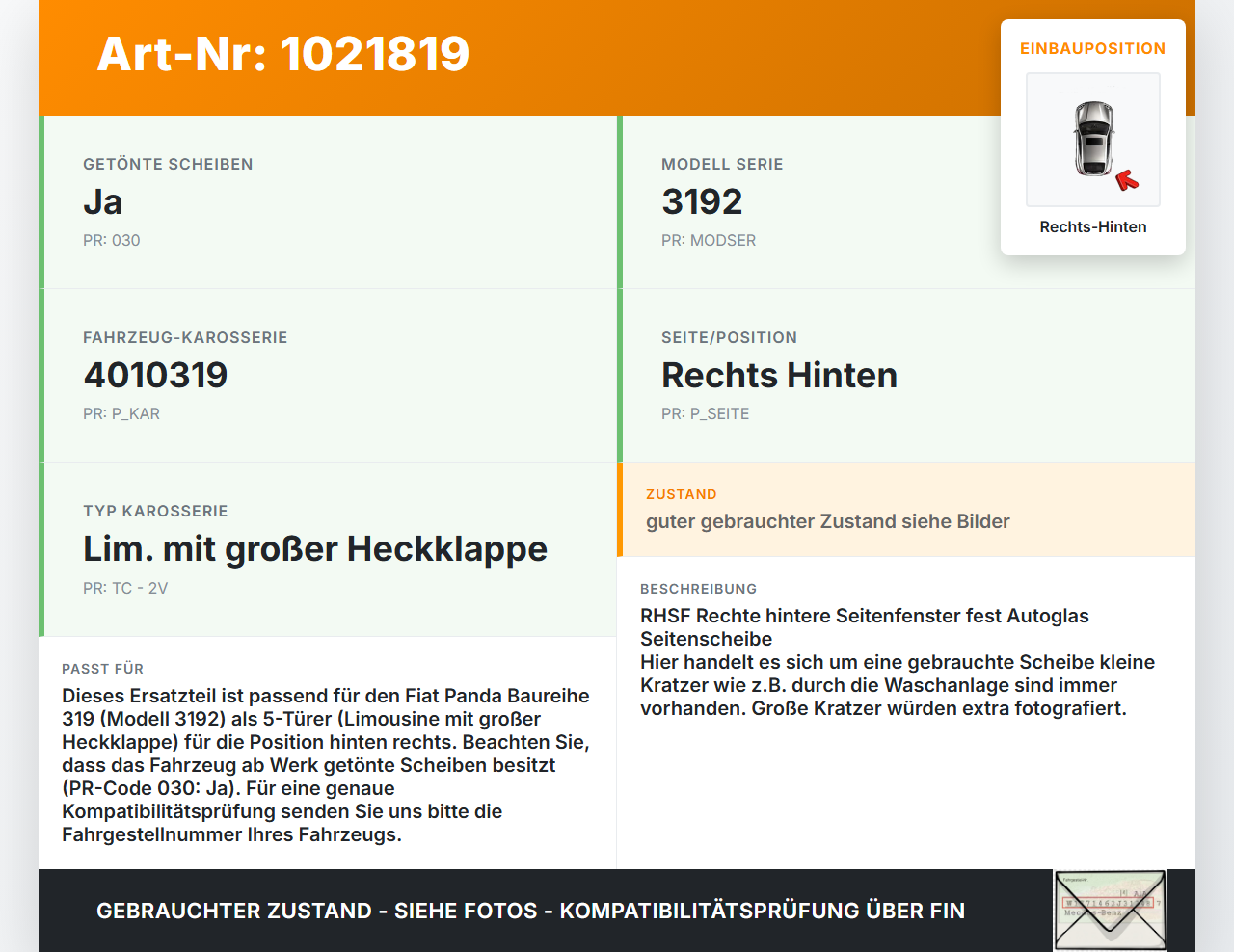 Fiat Panda 4x4 319 12-22 Seitenscheibe Feste Scheibe Rechts Hinten Fiat Panda 4x4 319 12-22 22.01.2018 gebraucht Vorschau 3