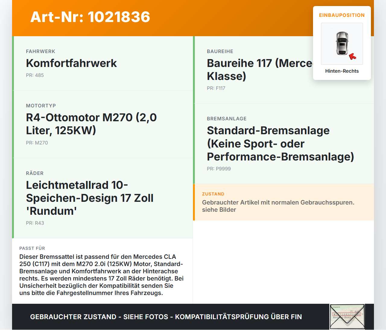 Mercedes CLA 250 C117 13-16 2,0i 125KW Bremssattel Bremszange Hinten Rechts Mercedes CLA 250 C117 13-16 24.06.2014... Vorschau 3