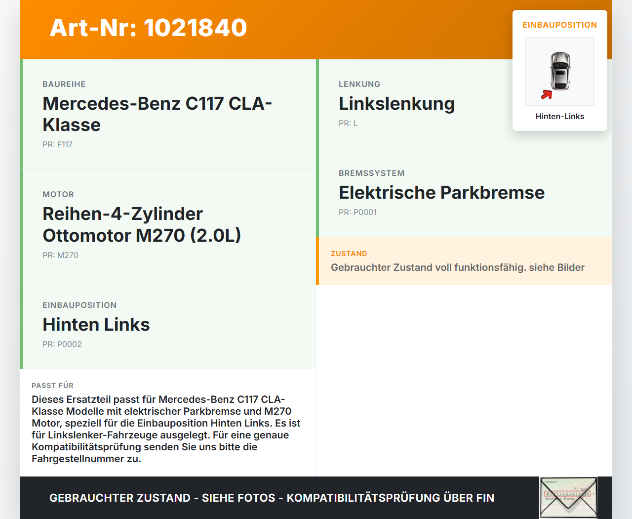 Mercedes CLA 250 C117 13-16 2,0i 125KW Stellmotor Parkbremse Bremssattel Hinten Links Mercedes CLA 250 C117 13-16... Vorschau 3