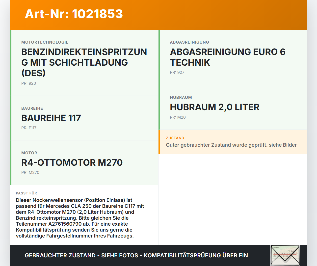 Mercedes CLA 250 C117 13-16 2,0i 125KW Sensor Nockenwellensensor Pos. Einlass Mercedes CLA 250 C117 13-16... Vorschau 3