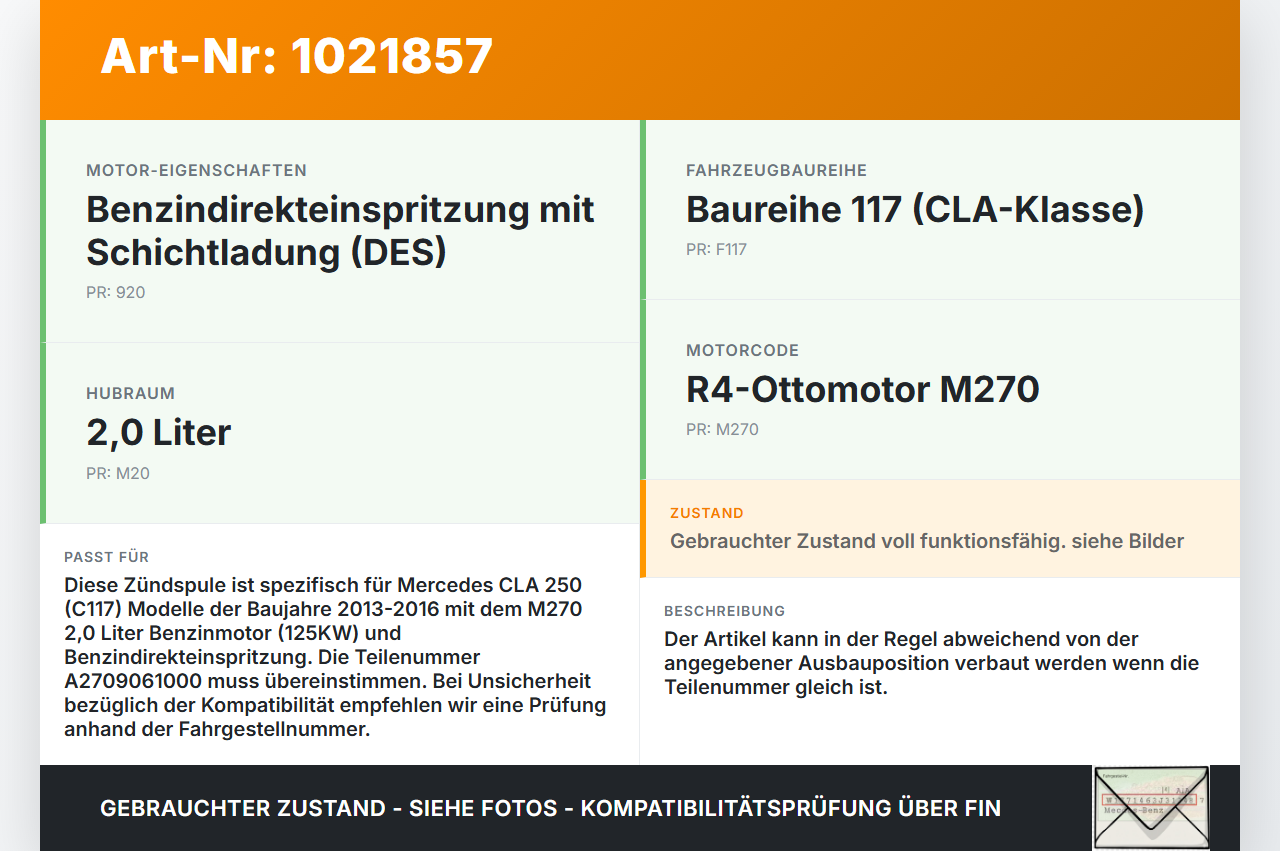 Mercedes CLA 250 C117 13-16 2,0i 125KW Zündspule Zyl.1 Mercedes CLA 250 C117 13-16 24.06.2014 A2749061400... Vorschau 3