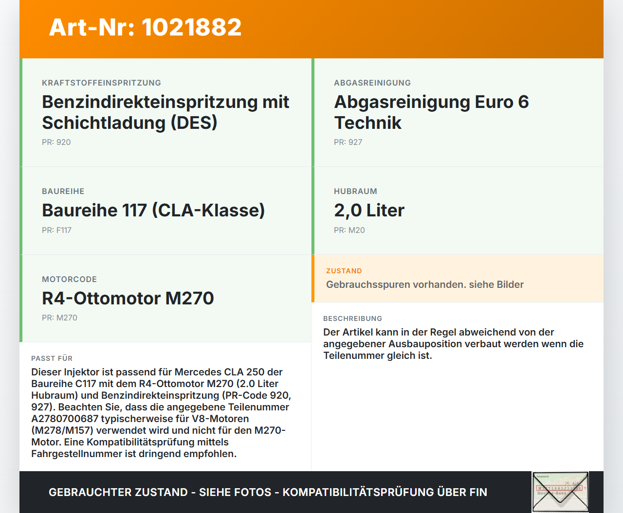 Mercedes CLA 250 C117 13-16 2,0i 125KW Injektor Einspritzdüse Zyl.2 Mercedes CLA 250 C117 13-16 24.06.2014... Vorschau 3