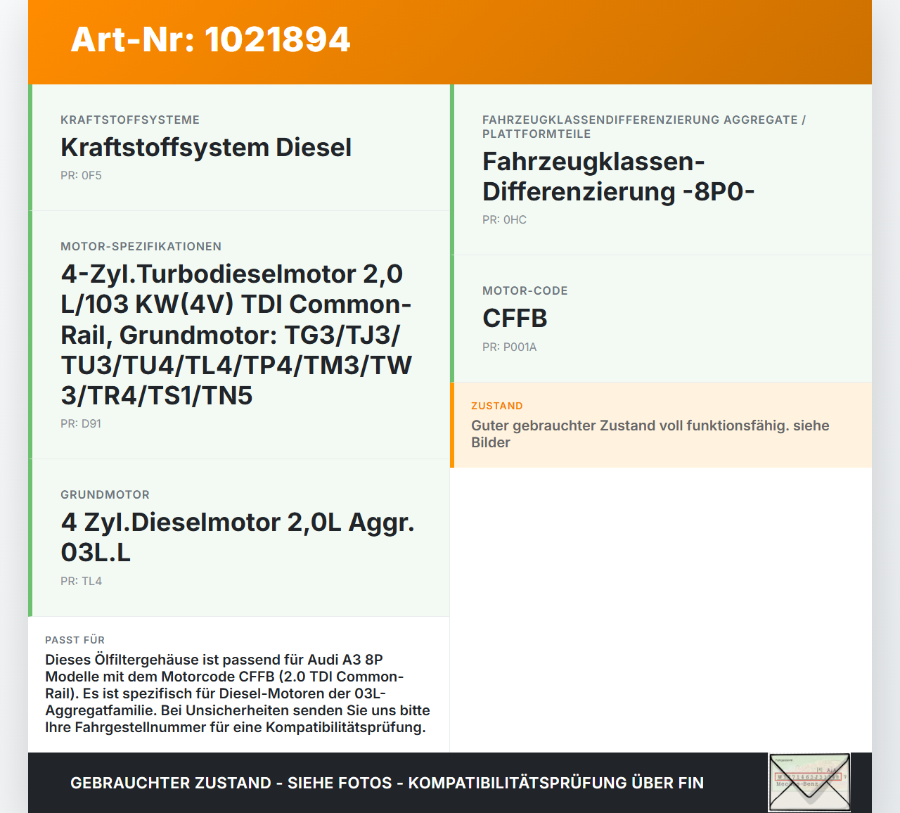 Audi A3 8P QU 10-12 2,0 77KW CFFB Ölfiltergehäuse Ölfilter Gehause Halter Audi A3 8P QU 10-12 31.01.2011 03L115389C... Vorschau 3