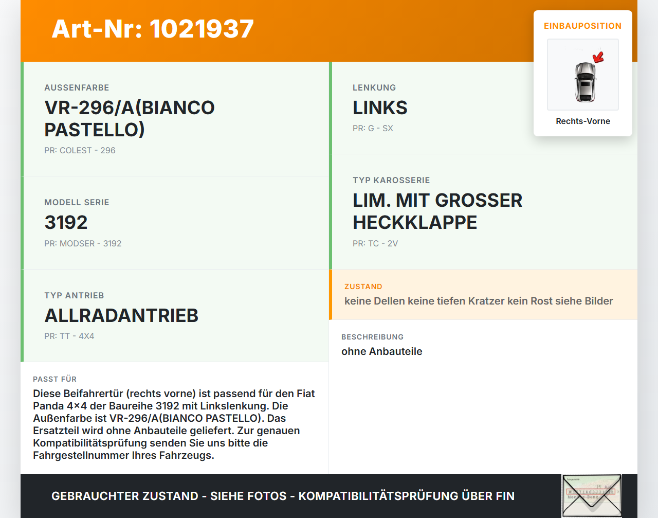 Fiat Panda 4x4 319 12-22 Tür Beifahrertür Rechts Vorne 296 Fiat Panda 4x4 319 12-22 22.01.2018 52098463 gebraucht Vorschau 3