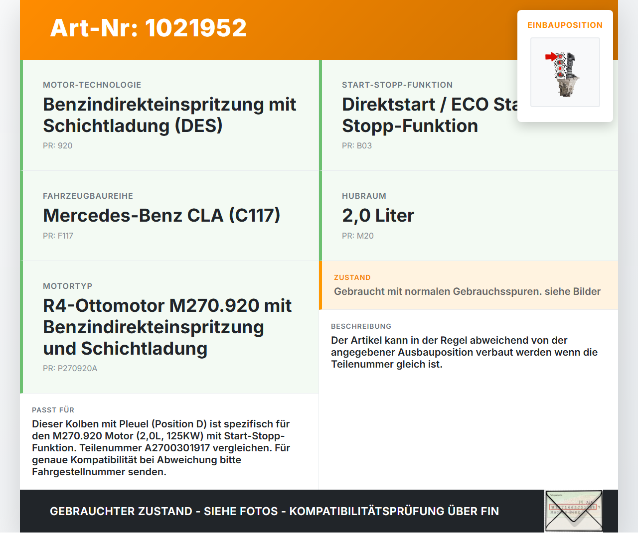 Mercedes CLA 250 C117 13-16 2,0i 125KW 270.920 Kolben mit Pleuel Pos D Mercedes CLA 250 C117 13-16 24.06.2014... Vorschau 3