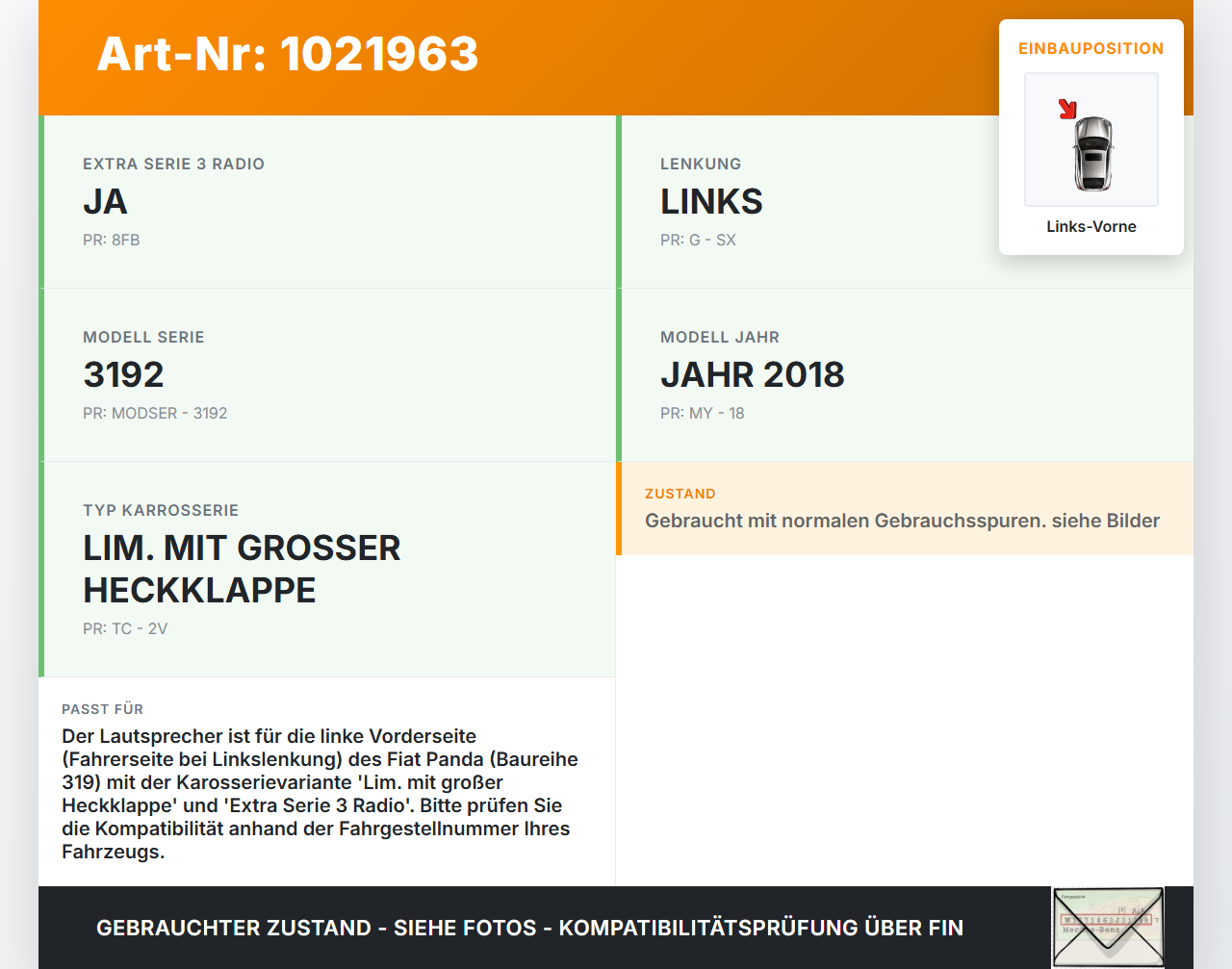 Fiat Panda 4x4 319 12-22 Lautsprecher Links Vorne Fiat Panda 4x4 319 12-22 22.01.2018 A09010401 gebraucht Vorschau 3