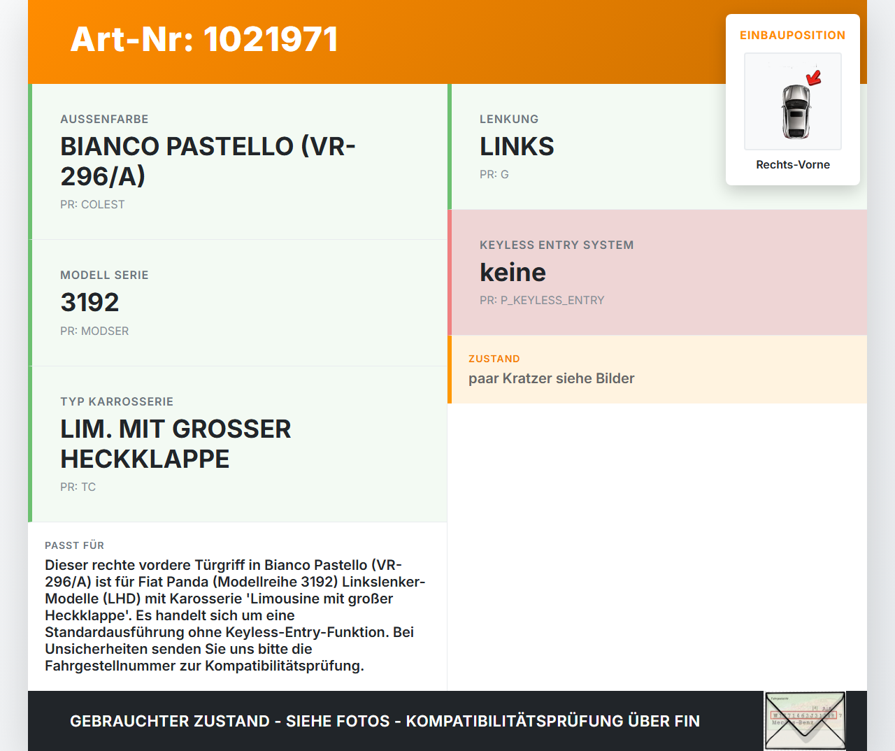 Fiat Panda 4x4 319 12-22 Türgriff Griff aussen Rechts Vorne 296 Fiat Panda 4x4 319 12-22 22.01.2018 735536505 gebraucht Vorschau 3