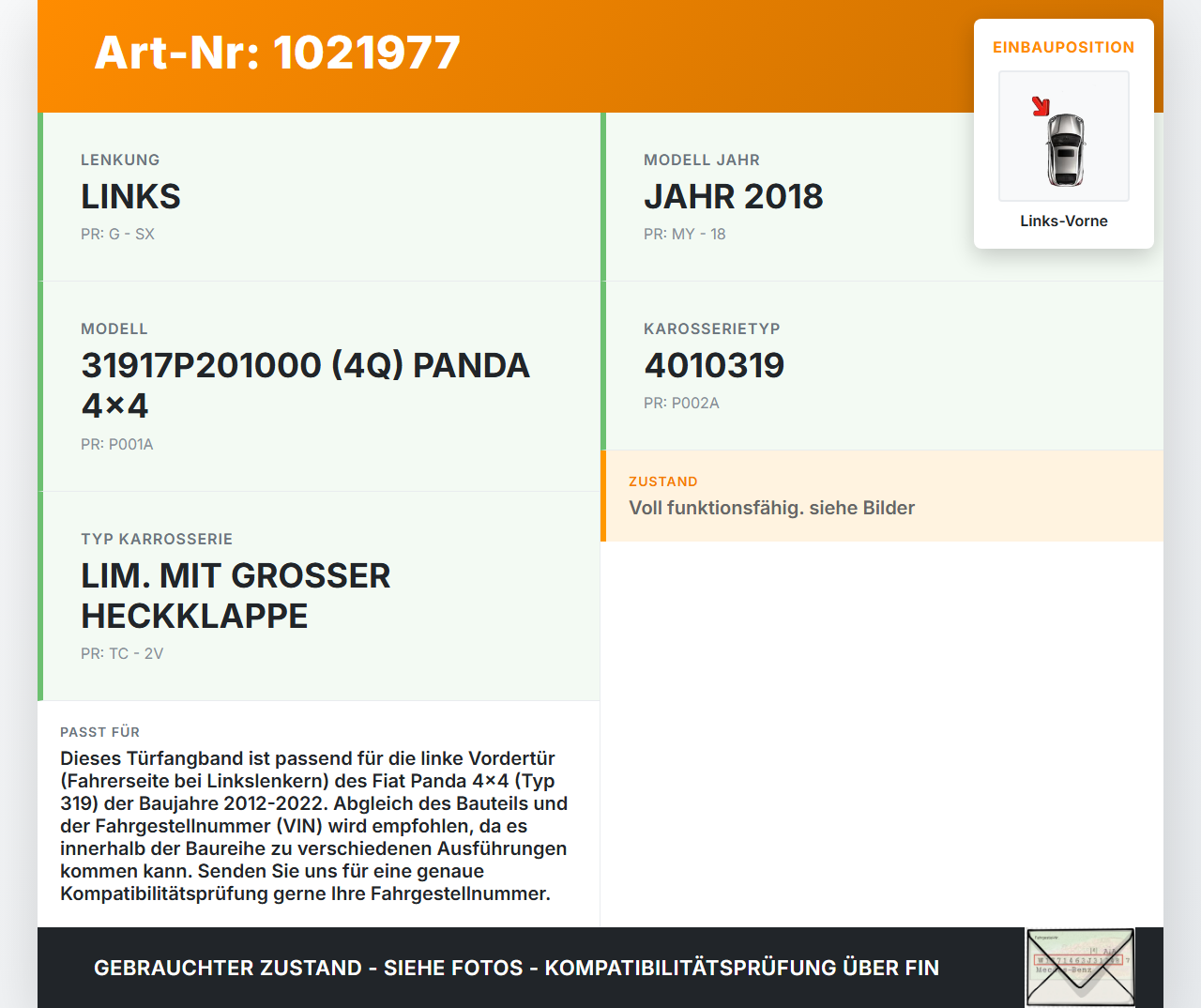 Fiat Panda 4x4 319 12-22 Türfangband Türbremse Türanschlag Links Vorne Fiat Panda 4x4 319 12-22 22.01.2018 gebraucht Vorschau 3