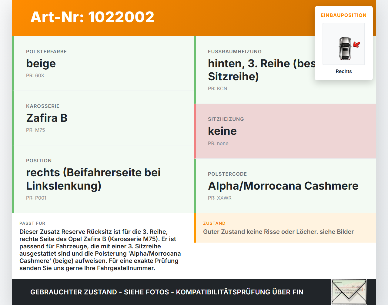 Opel Zafira B 05-11 Zusatz Reserve Rücksitz Sitz 3. Reihe Rechts Leder Opel Zafira B 05-11 02.11.2006 13188982 gebraucht Vorschau 3