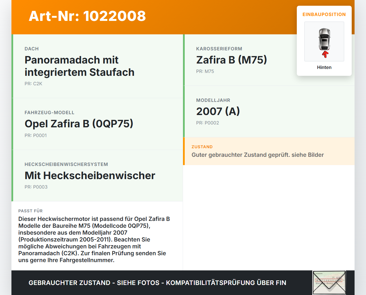 Opel Zafira B 05-11 Wischermotor Hinten Heckwischermotor Opel Zafira B 05-11 02.11.2006 53025212 13145548 gebraucht Vorschau 3