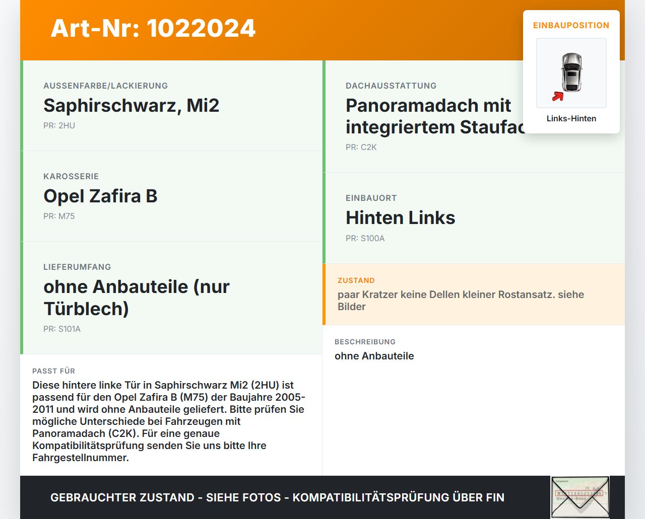 Opel Zafira B 05-11 Tür Links Hinten 2HU Opel Zafira B 05-11 02.11.2006 gebraucht Vorschau 3
