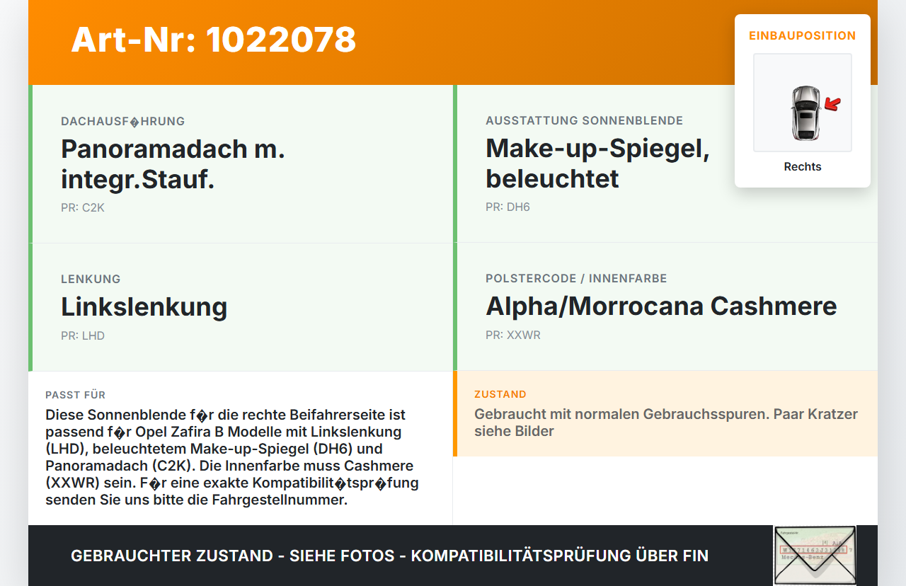 Opel Zafira B 05-11 Sonnenblende Rechts für Beifahrer Opel Zafira B 05-11 02.11.2006 gebraucht Vorschau 3