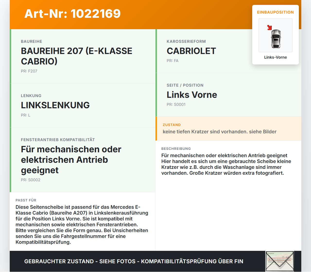Mercedes E350 A207 10-13 Cabrio Seitenscheibe LVK Fenster Türscheibe Links Vorne Mercedes E350 A207 10-13... Vorschau 3
