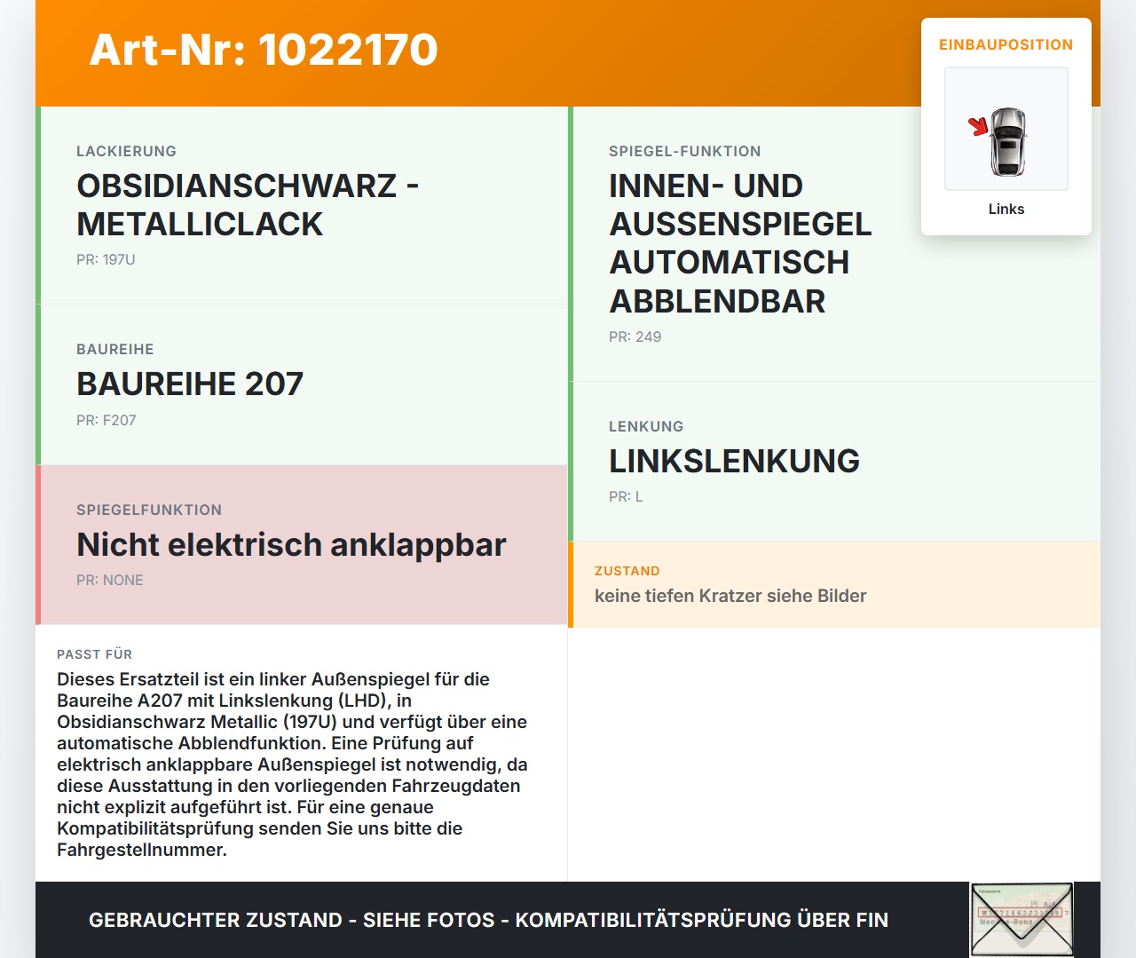 Mercedes E350 A207 10-13 Spiegel Aussenspiegel Links Elektrochrom 197 Mercedes E350 A207 10-13 17.03.2010... Vorschau 3
