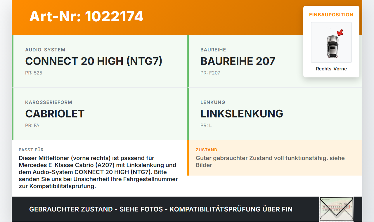 Mercedes E350 A207 10-13 Lautsprecher Mitteltöner Rechts Vorne Mercedes E350 A207 10-13 17.03.2010 A2048201902... Vorschau 3