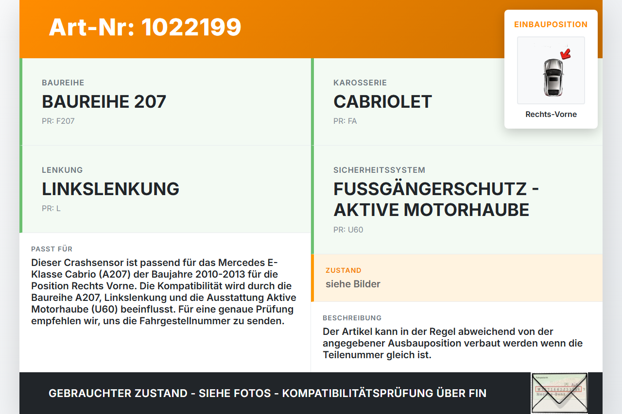 Mercedes E350 A207 10-13 Sensor Airbag Crashsensor Airbagsensor Rechts Vorne Mercedes E350 A207 10-13 17.03.2010... Vorschau 3