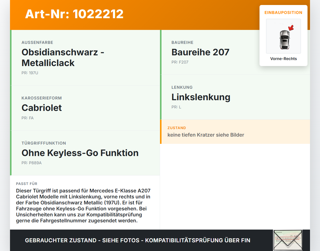 Mercedes E350 A207 10-13 Cabrio Türgriff Außengriff Griff Vorne Rechts 197 Mercedes E350 A207 10-13 17.03.2010... Vorschau 3