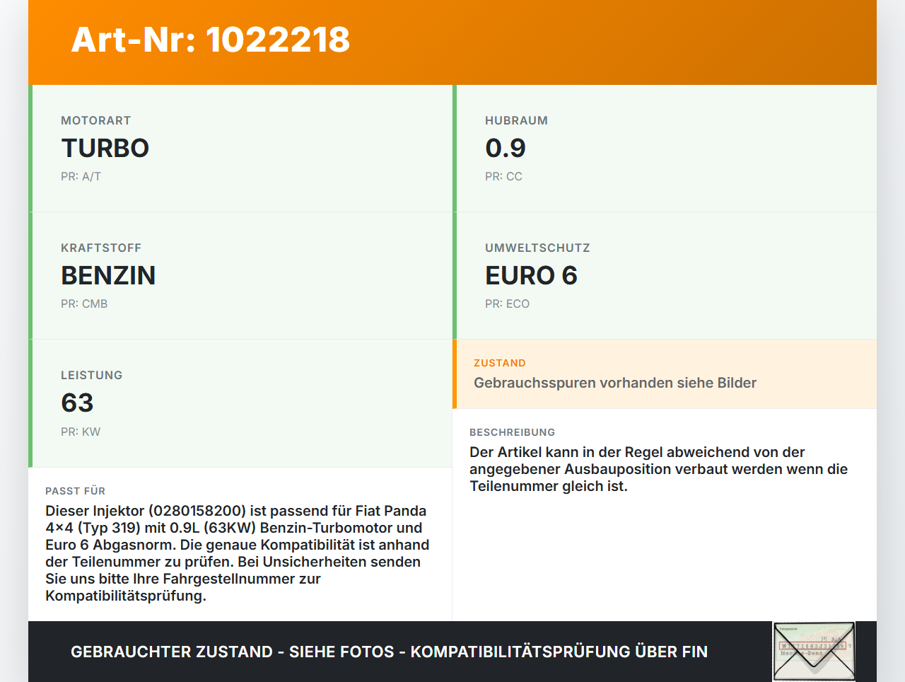 Fiat Panda 4x4 319 12-22 0,9 63KW Injektor Einspritzdüse Zyl.1 Fiat Panda 4x4 319 12-22 22.01.2018 0280158200 82305... Vorschau 3