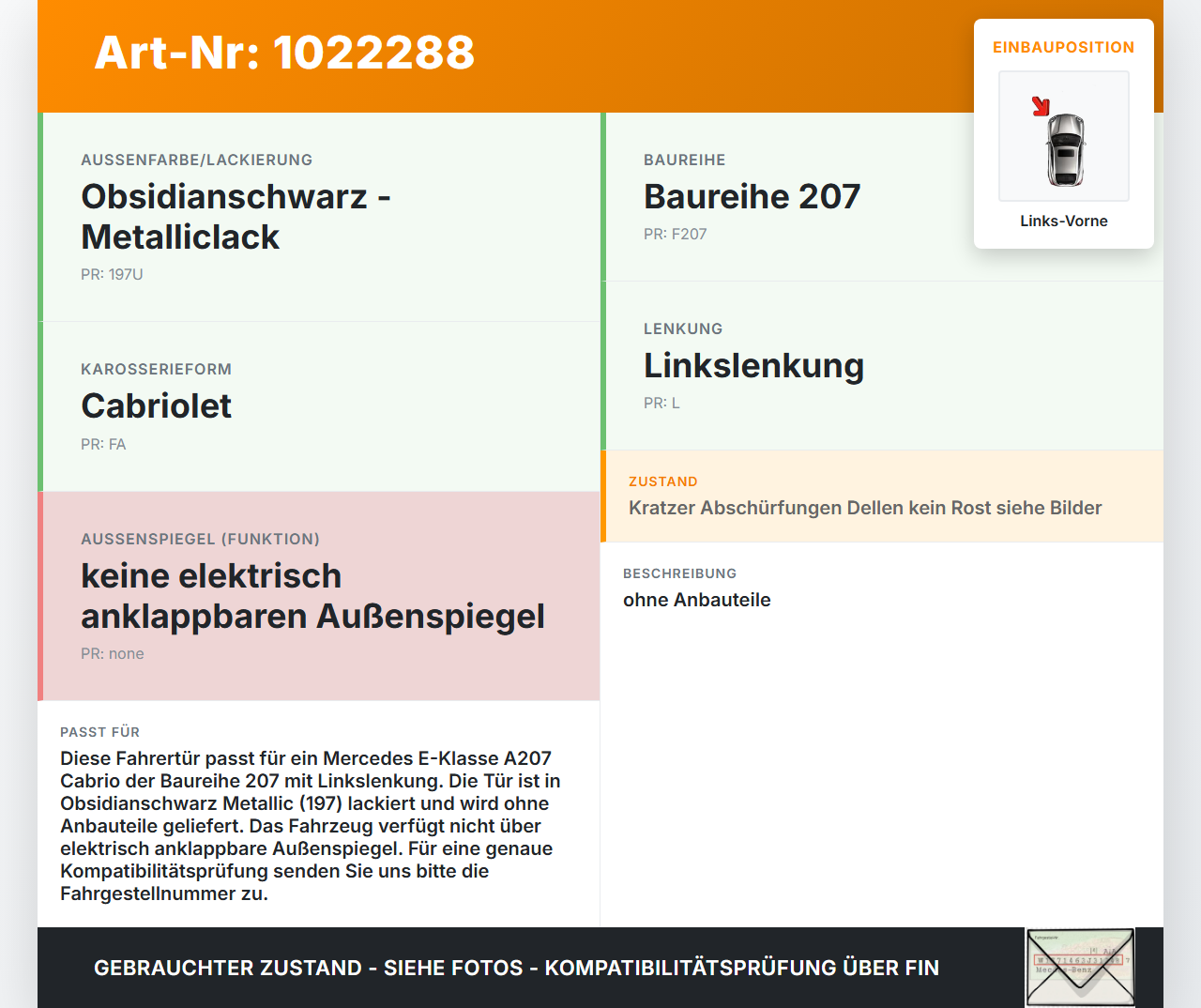 Mercedes E350 A207 10-13 Cabrio Tür Fahrertür Links Vorne 197 Mercedes E350 A207 10-13 17.03.2010 A2077200305 gebraucht Vorschau 3