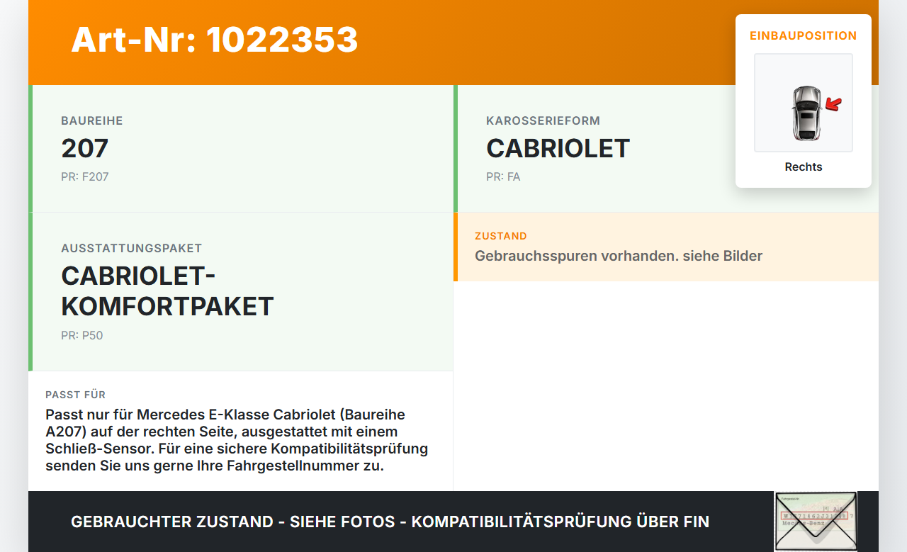Mercedes E350 A207 10-13 CDI 3,0 170KW Dachfangplatte Aufnahme mit Schliess- Sensor Rechts Mercedes E350 A207 10-13... Vorschau 3