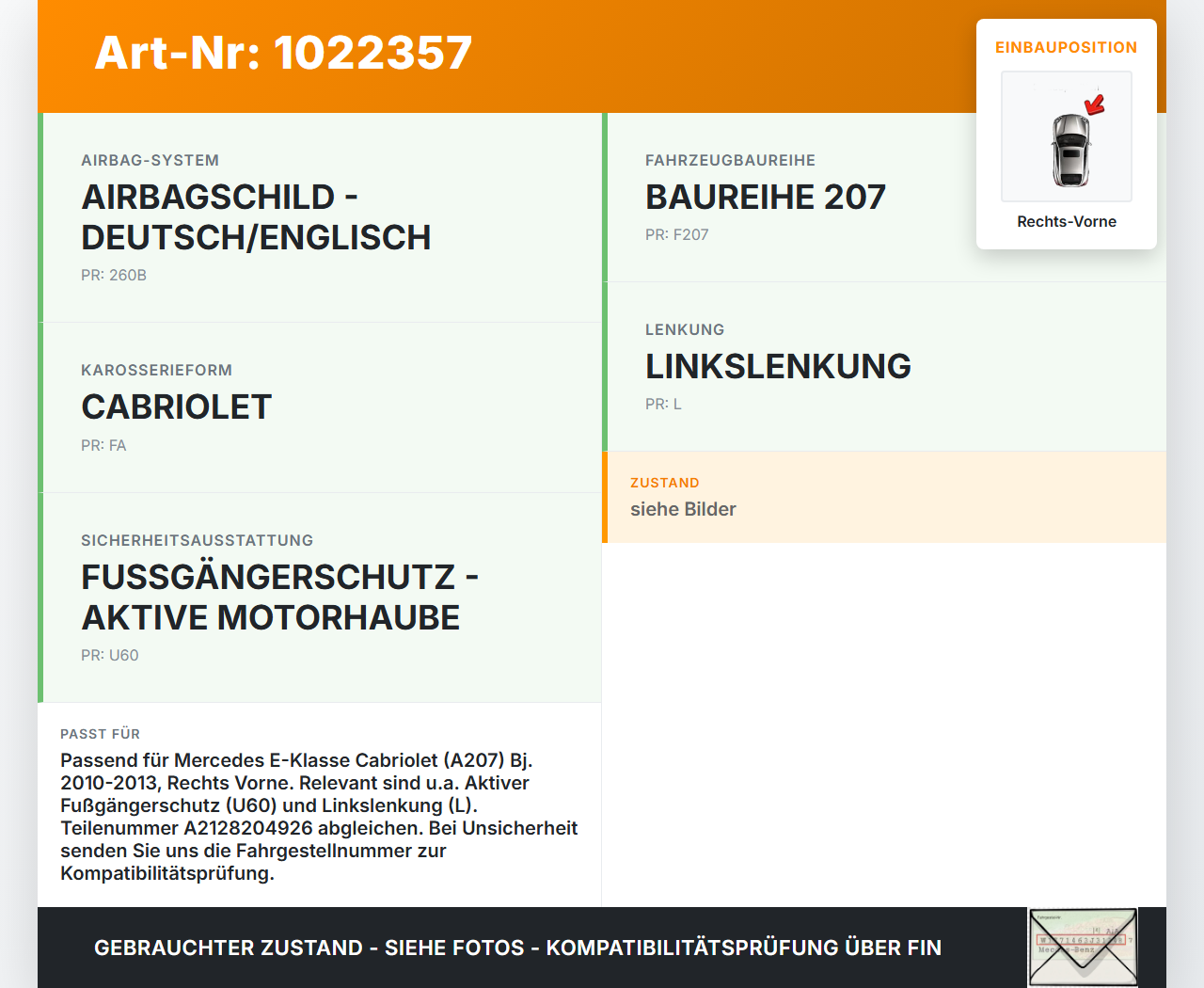Mercedes E350 A207 10-13 Sensor Airbag Crashsensor Airbagsensor Rechts Vorne Mercedes E350 A207 10-13 17.03.2010... Vorschau 3