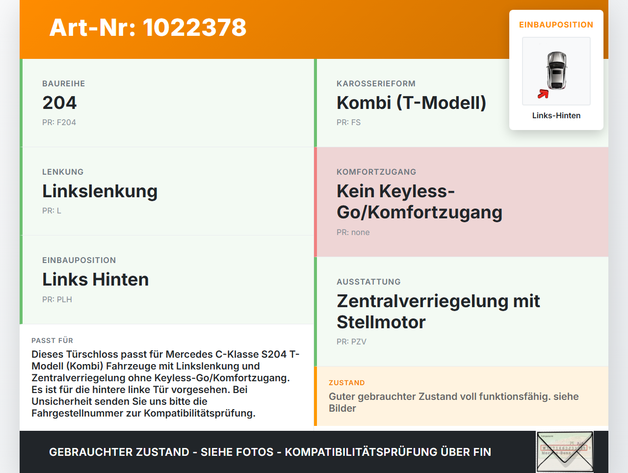Mercedes S204 W204 C220 11-15  Kombi Türschloss m. ZV Stellmotor Sperre Links Hinten Mercedes S204 W204 C220 11-15... Vorschau 3