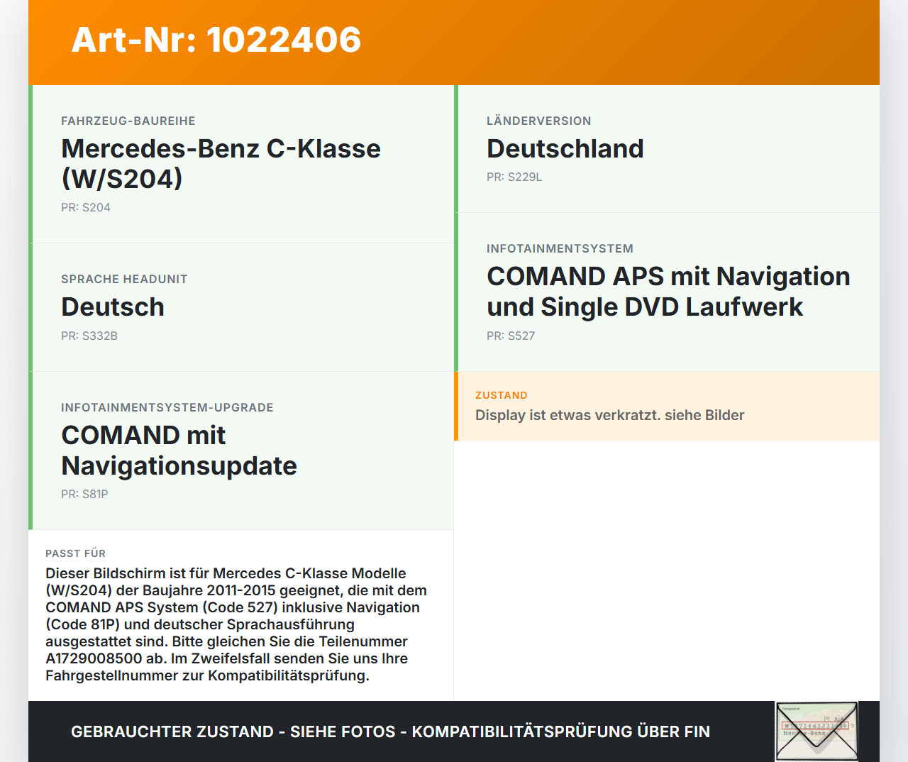 Mercedes S204 W204 C220 11-15 Bildschirm Display Monitor Mercedes S204 W204 C220 11-15 01.09.2011 A1729008500... Vorschau 3
