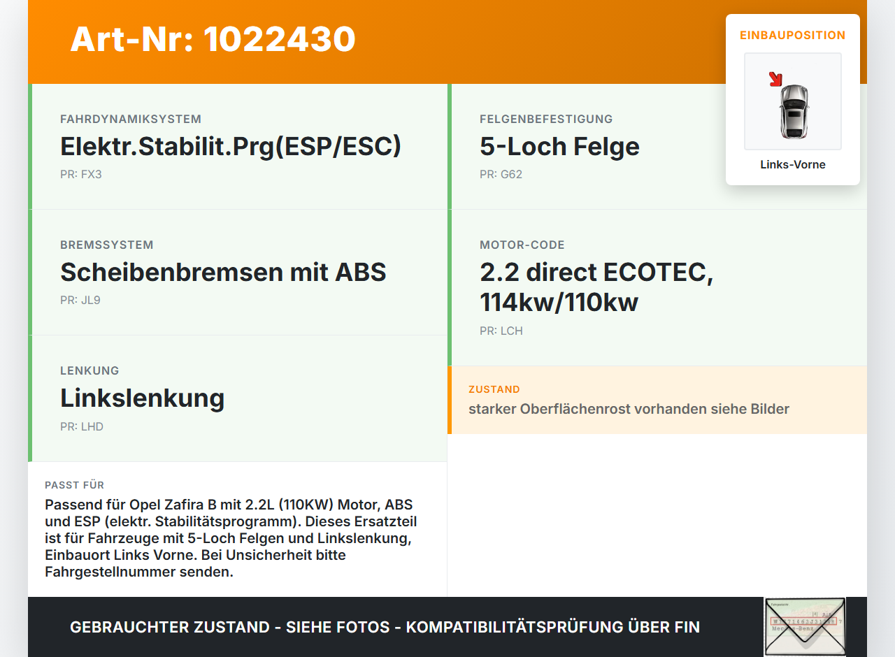 Opel Zafira B 05-11 2,2 110KW Achsschenkel Radnabe mit ABS Links Vorne Opel Zafira B 05-11 02.11.2006 549723R8 gebraucht Vorschau 3