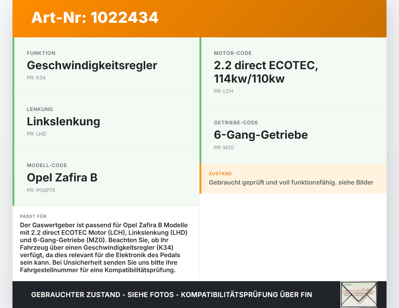 Opel Zafira B 05-11 2,2 110KW Gaswertgeber Gaspedal Opel Zafira B 05-11 02.11.2006 9202341 6PV008114-00 gebraucht Vorschau 3
