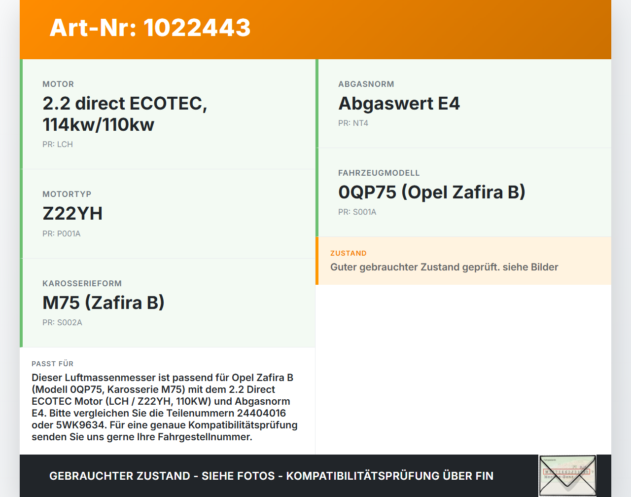 Opel Zafira B 05-11 2,2 110KW Luftmassenmesser Opel Zafira B 05-11 02.11.2006 24404016 5WK9634 gebraucht Vorschau 3