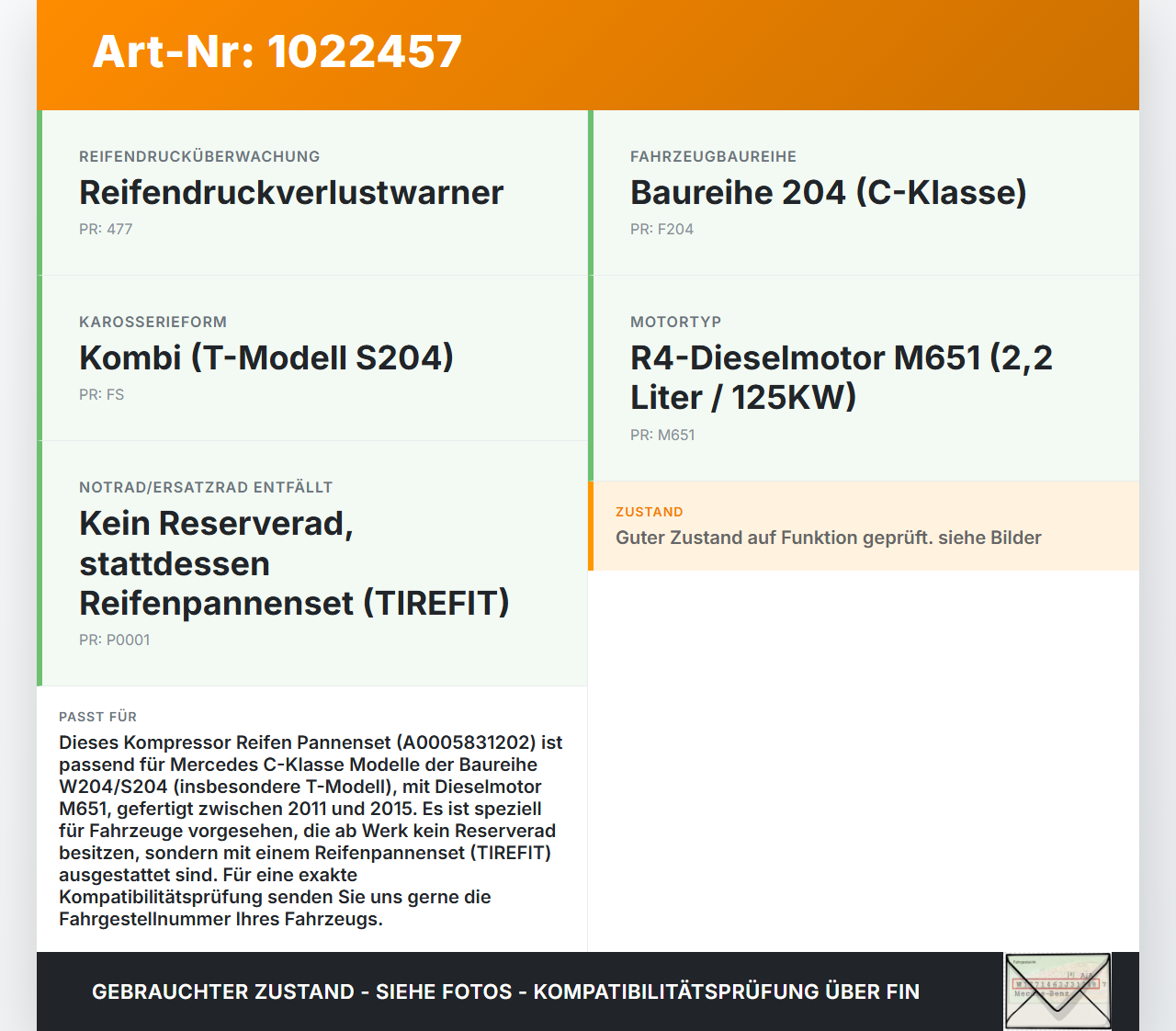 Mercedes S204 W204 C220 11-15  2,1 125KW Kompressor Reifen Pannenset Mercedes S204 W204 C220 11-15 01.09.2011... Vorschau 3