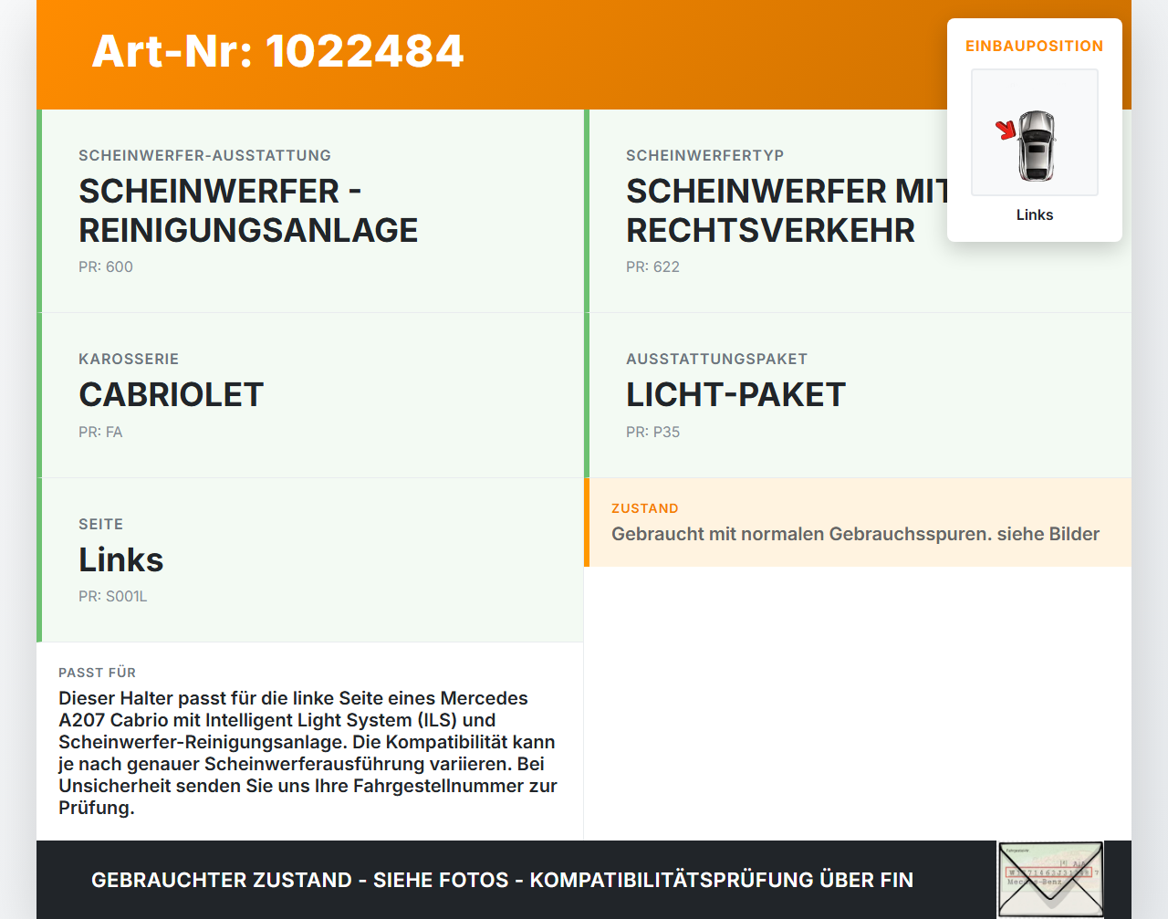 Mercedes E350 A207 10-13 Cabrio Halter Träger Führung Aufnahme für Scheinwerfer Links Mercedes E350 A207 10-13... Vorschau 3