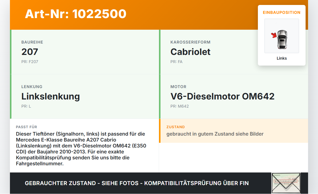 Mercedes E350 A207 10-13 Hupe Signalhorn Tieftöner Links Mercedes E350 A207 10-13 17.03.2010 A048493 MT036 BL402... Vorschau 3