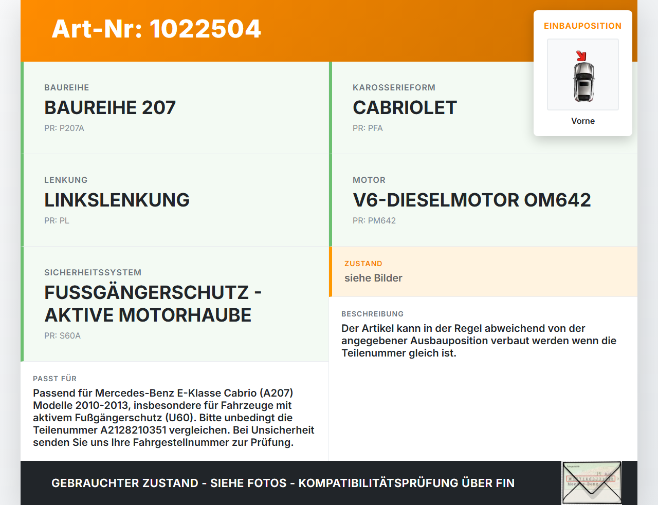 Mercedes E350 A207 10-13 Sensor Airbag Crashsensor Airbagsensor Vorne Mitte Mercedes E350 A207 10-13 17.03.2010... Vorschau 3