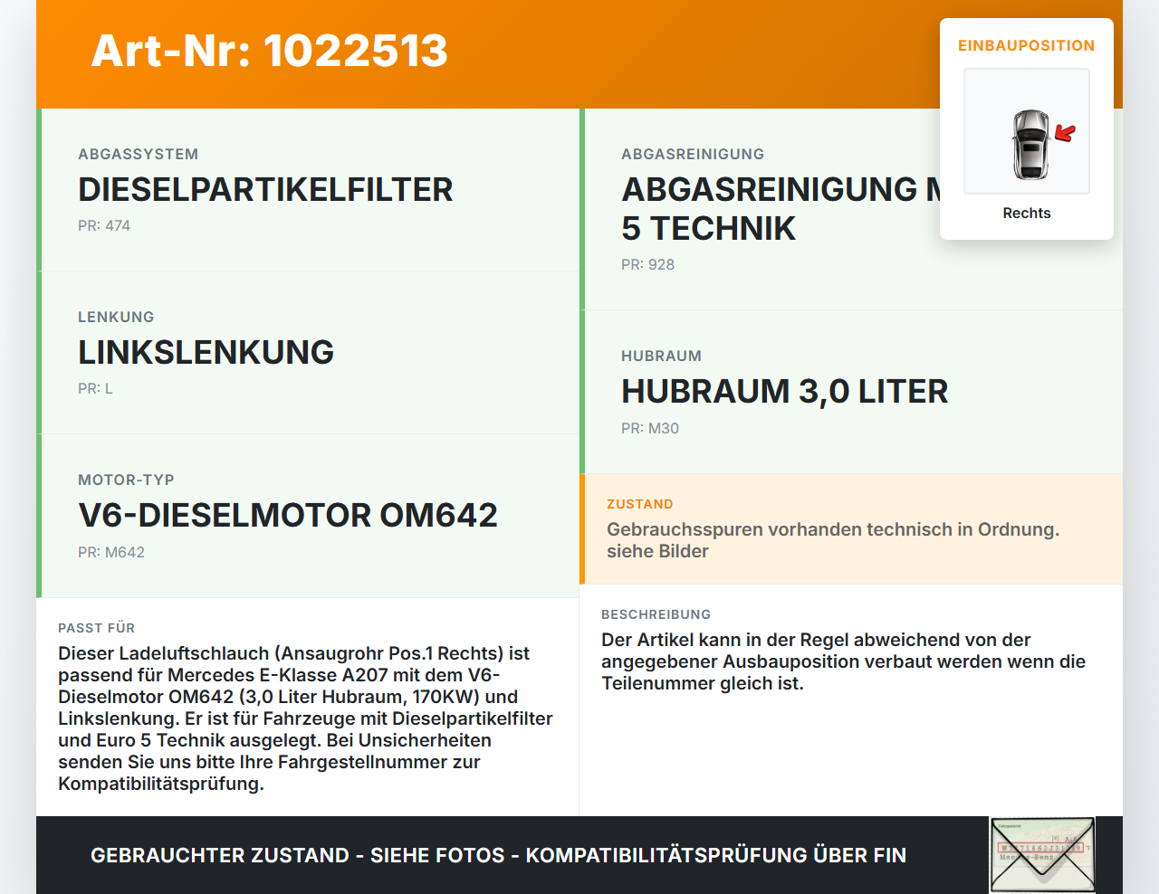 Mercedes E350 A207 10-13 CDI 3,0 170KW Ansaugrohr Ladeluftschlauch Luftschlauch Pos.1 Rechts Mercedes E350 A207... Vorschau 3