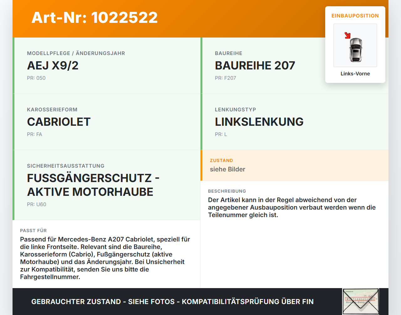 Mercedes E350 A207 10-13 Sensor für Airbag Crashsensor Airbagsensor Links Vorne Mercedes E350 A207 10-13 17.03.2010... Vorschau 3