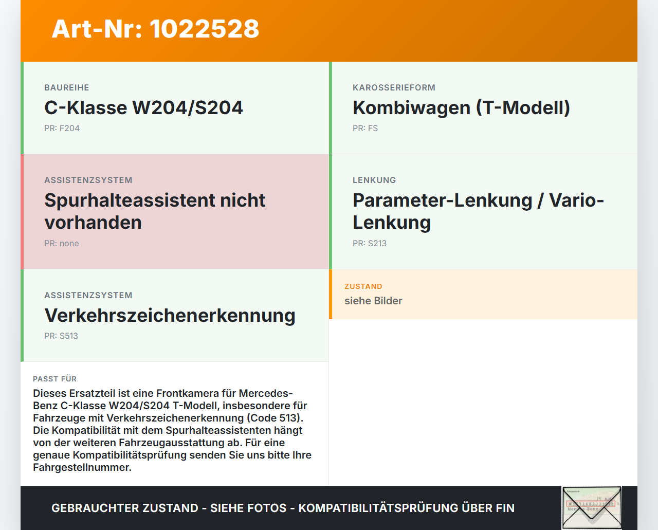 Mercedes S204 W204 C220 11-15  2,1 125KW Kamera Sensor Frontkamera für Spurhalteassistent Mercedes S204 W204 C220... Vorschau 3
